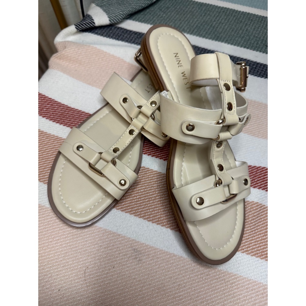 Nine West Sandals Women 7.5M Cream Studded Gladiator Strappy Flat